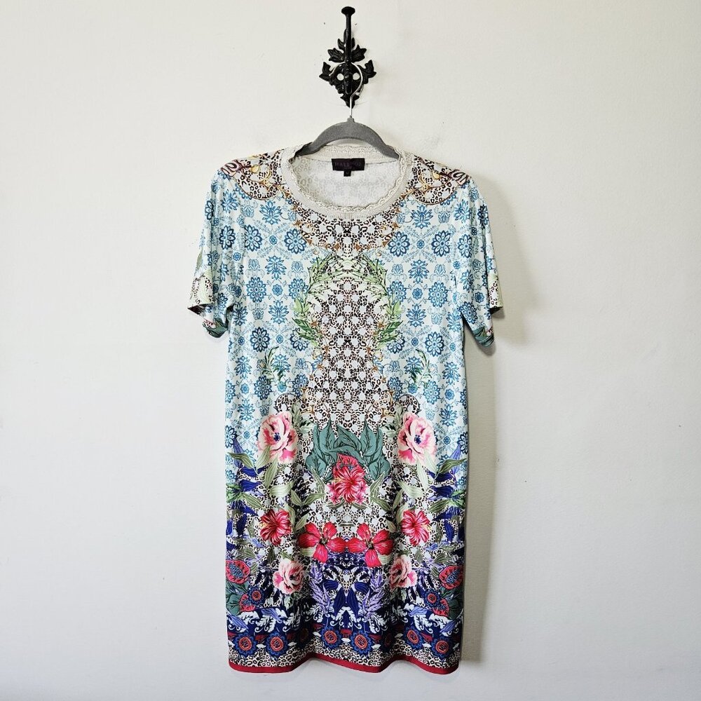 Hale Bob Short Sleeve Floral Dress Size M Leopard Print Brocade Lace Trip EUC